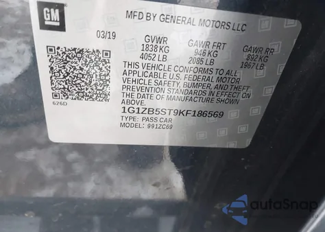 2019 Chevrolet Malibu 1Ls z USA, uszkodzony, nr VIN 1G1ZB5ST9KF186569